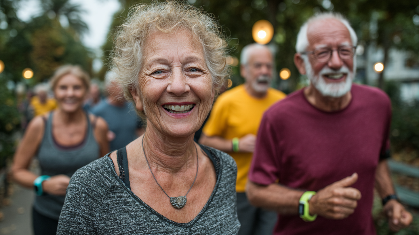 Група людей зрілого віку під час групового заняття фітнесом на свіжому повітрі