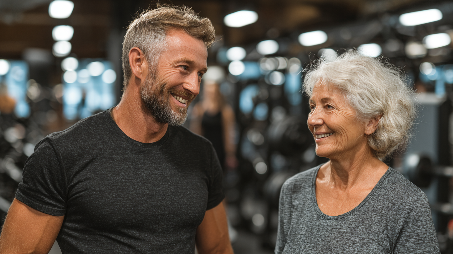 Тренер допомагає літній жінці виконувати розтяжку під час індивідуального заняття
